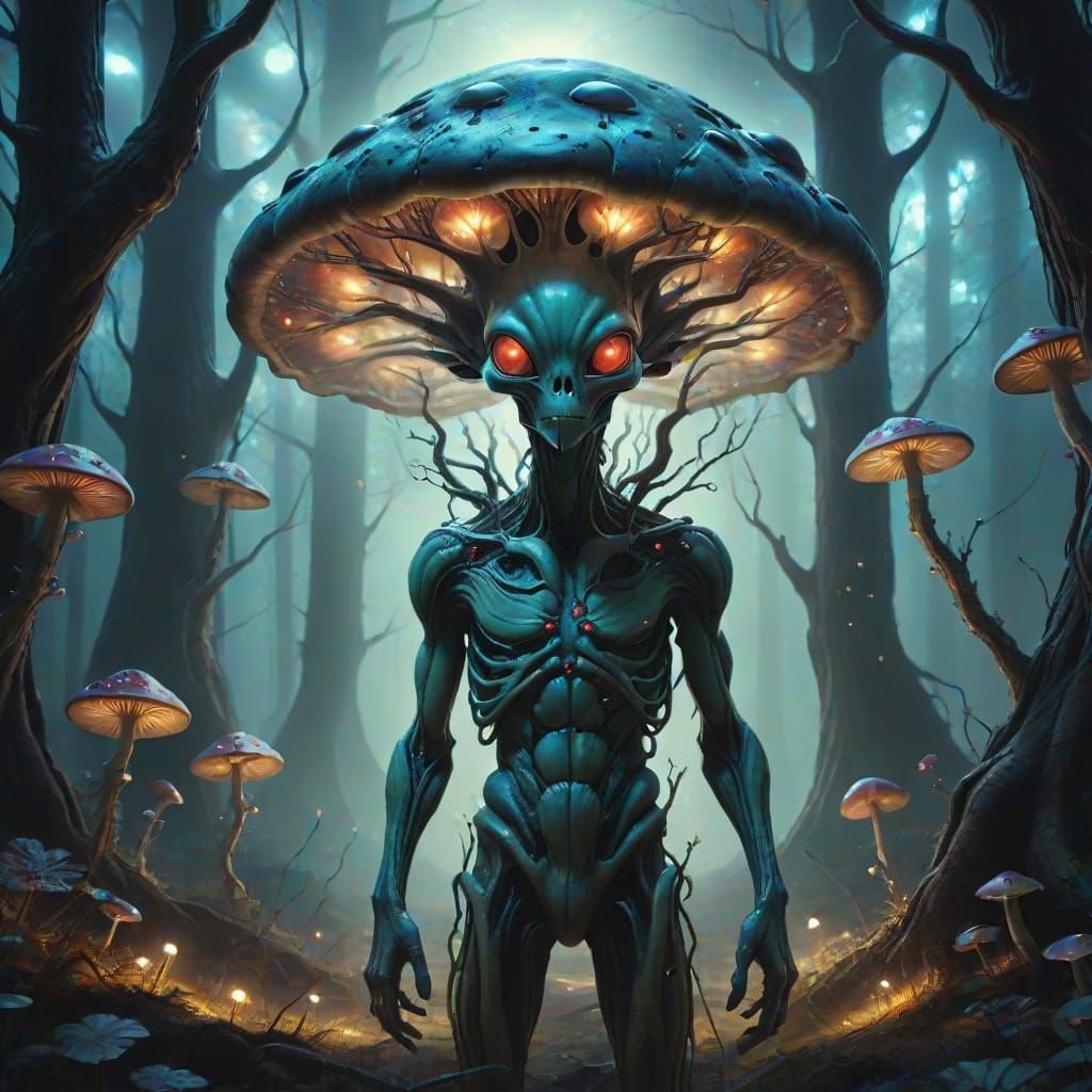 Mushroom Alien in Ethereal Forest: Surreal Oil Painting