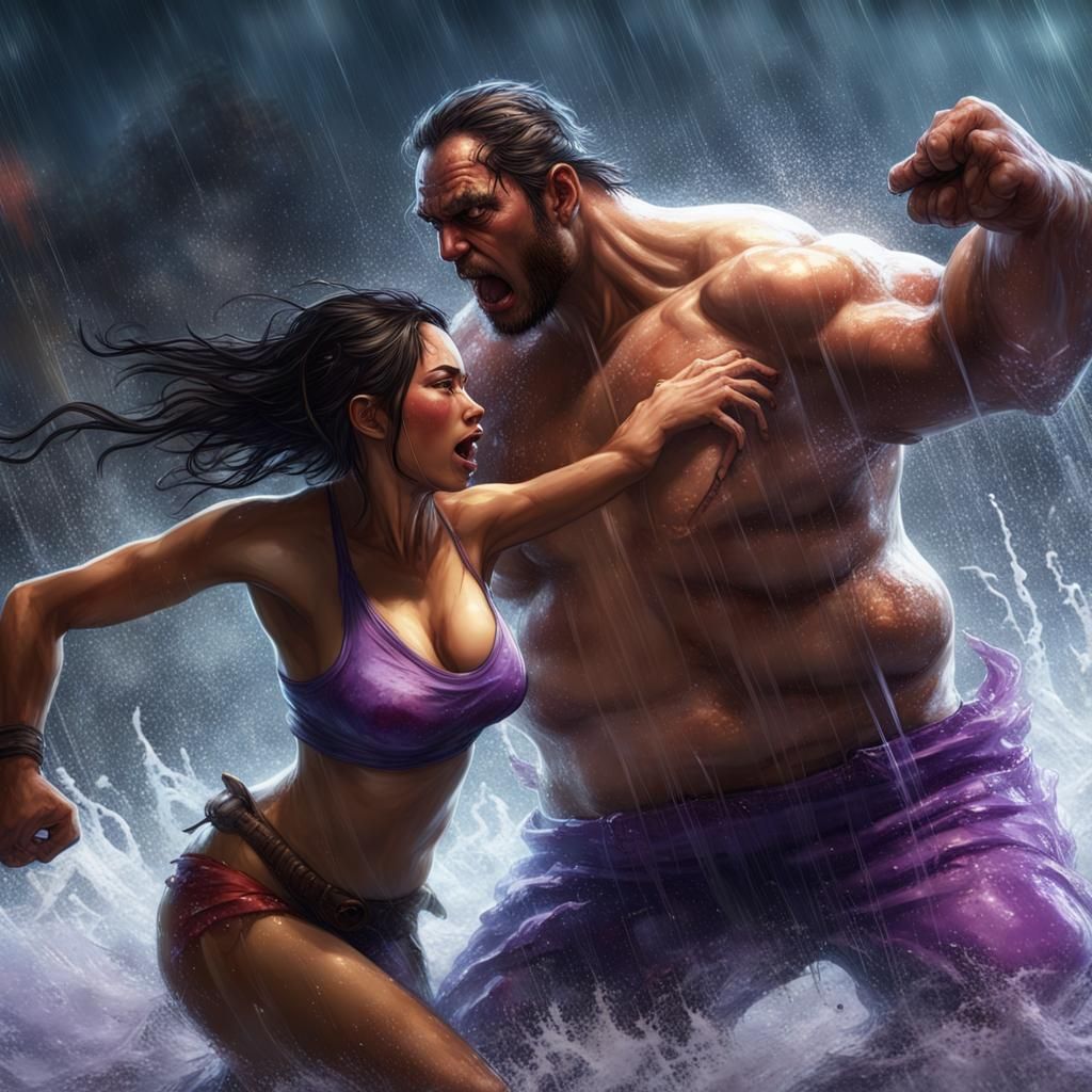 Man with a big gut in a Speedo fighting a Filipino woman in a wet T-shirt