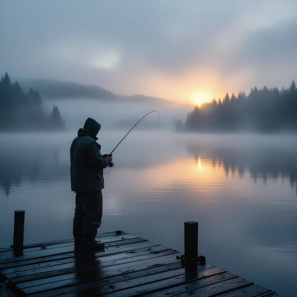 Misty Dawn: Fisherman on a Calm Lake