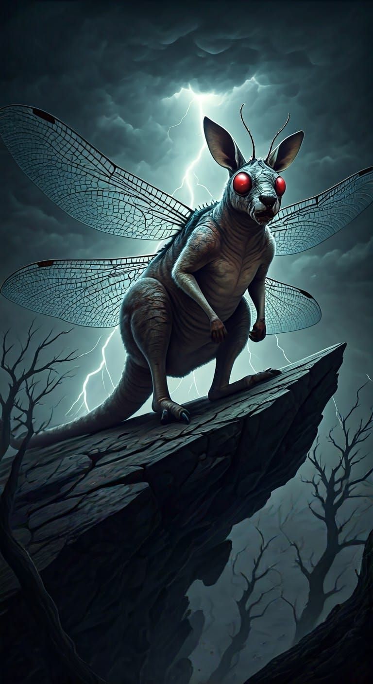 Nightmarish Dragonfly-Kangaroo Hybrid in Dark Fantasy Style