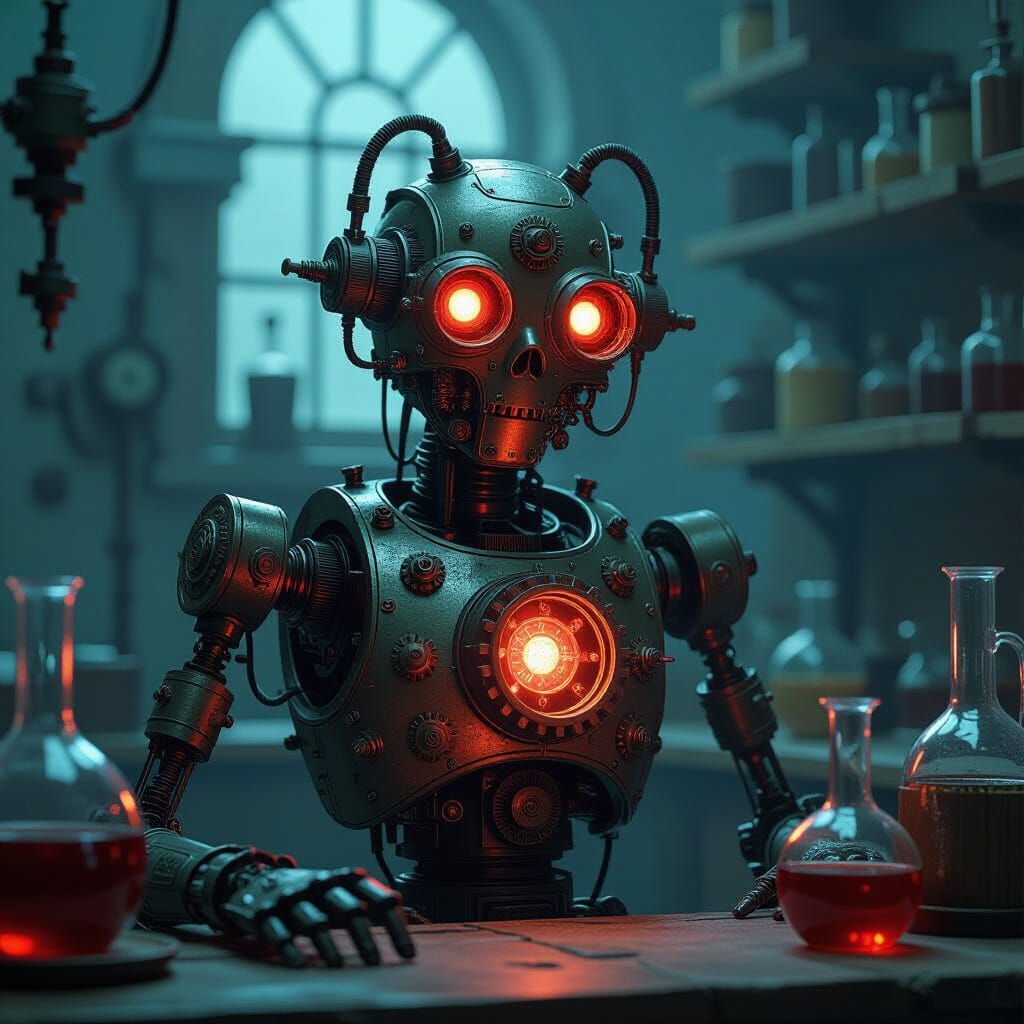 Steampunk Automaton Portrait in Victorian Illustration Style