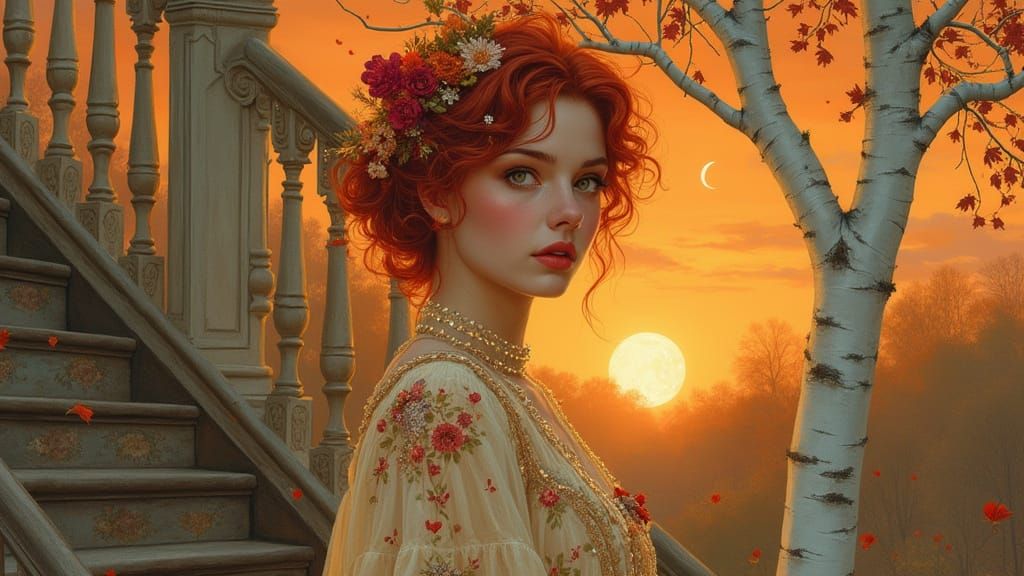 Bohemian Woman in Ecru Dress with Fall Flowers