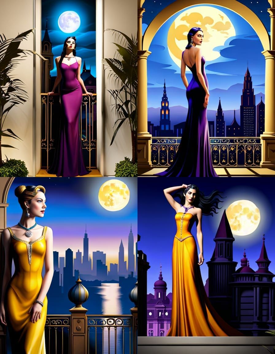 Gothic Maiden in Art Deco Style Under Moonlight