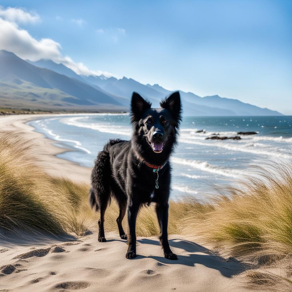 Mudi Dog on a Sunny Beach