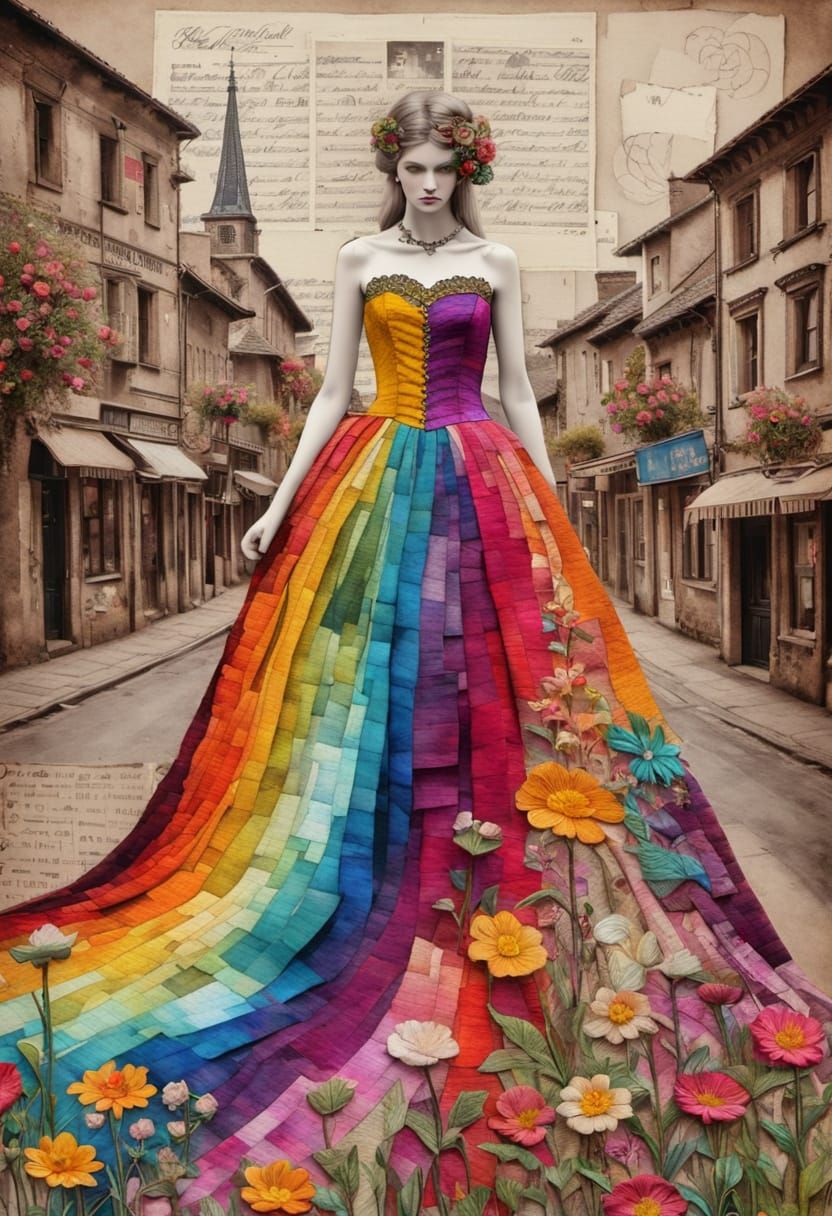 Woman in Flowing Gown Amidst Mixed Media Art