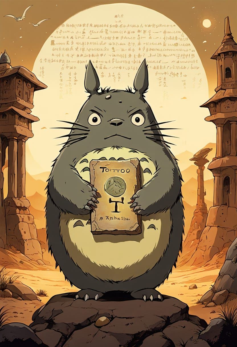 Totoro in Desert Ruins: Ghibli Manuscript Illustration