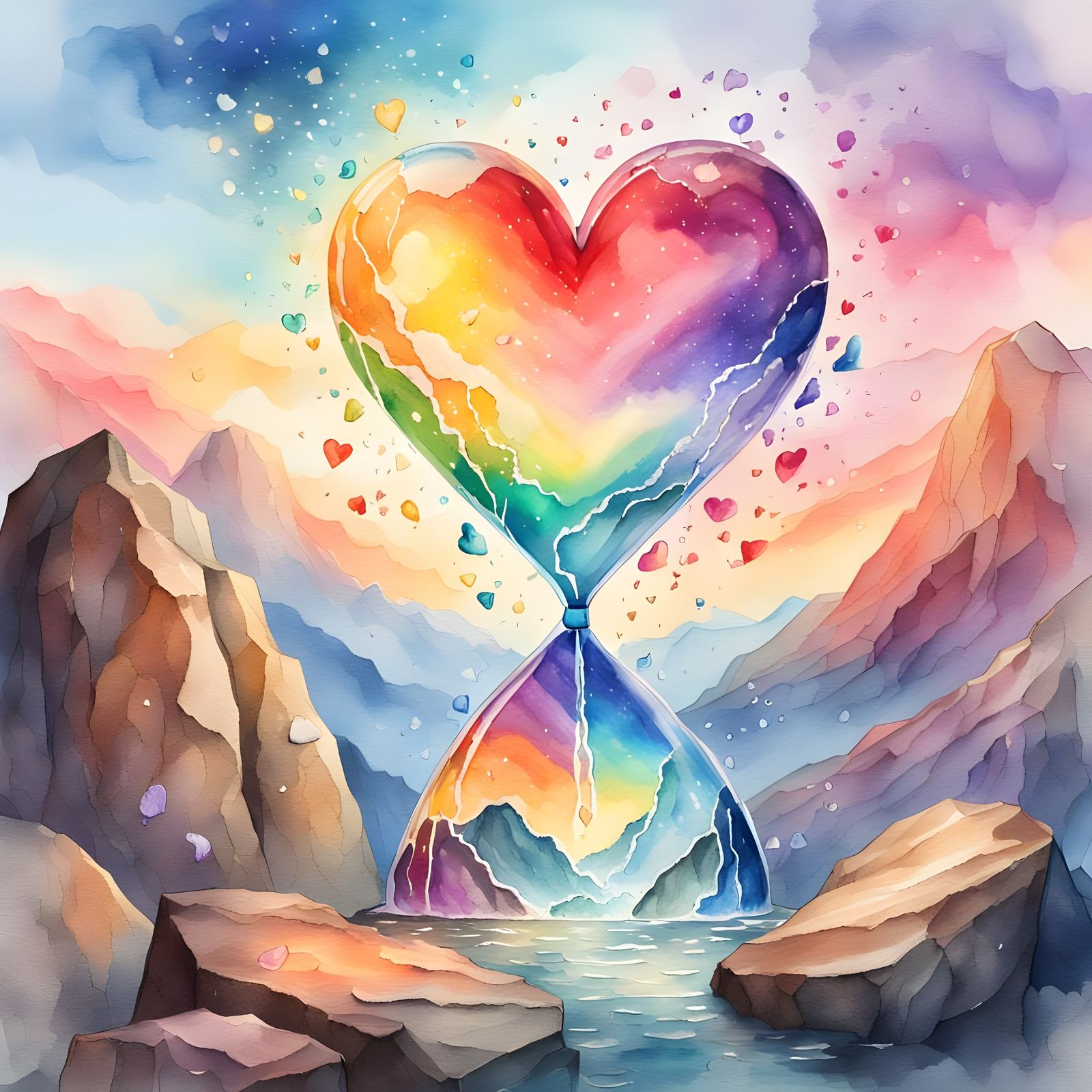 Watercolor Rainbow Heart Tears in Hourglass