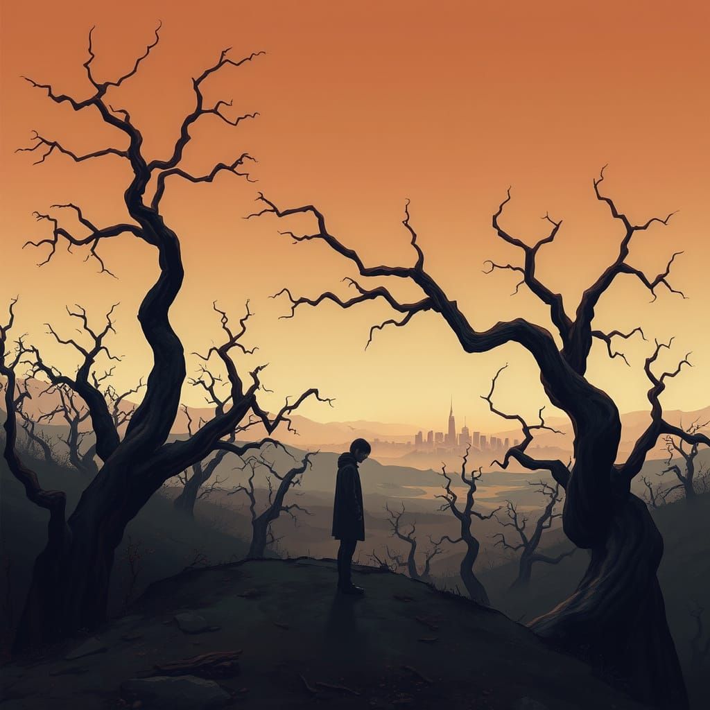 Desolate Dreamscape with Figure in Ethereal Mist