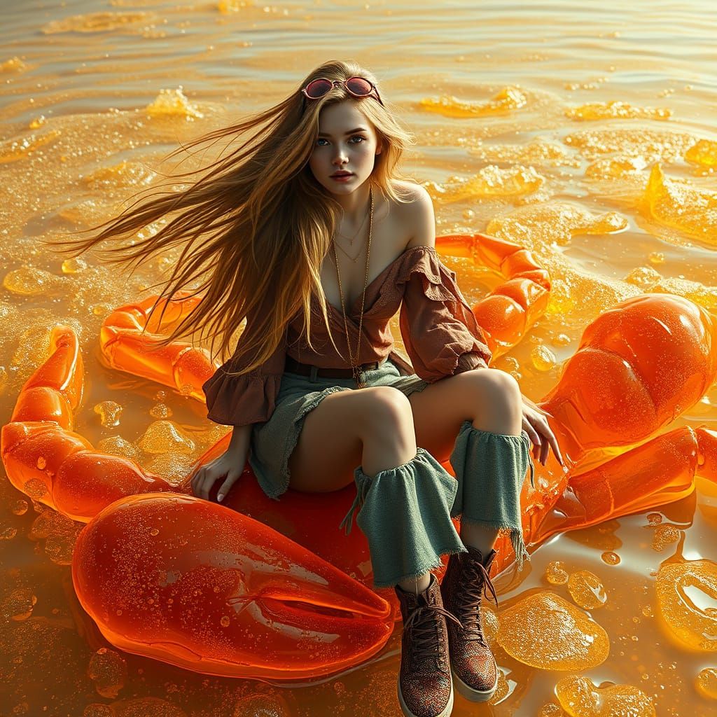 Bohemian Woman Riding Gummy Crab in Soda Sea