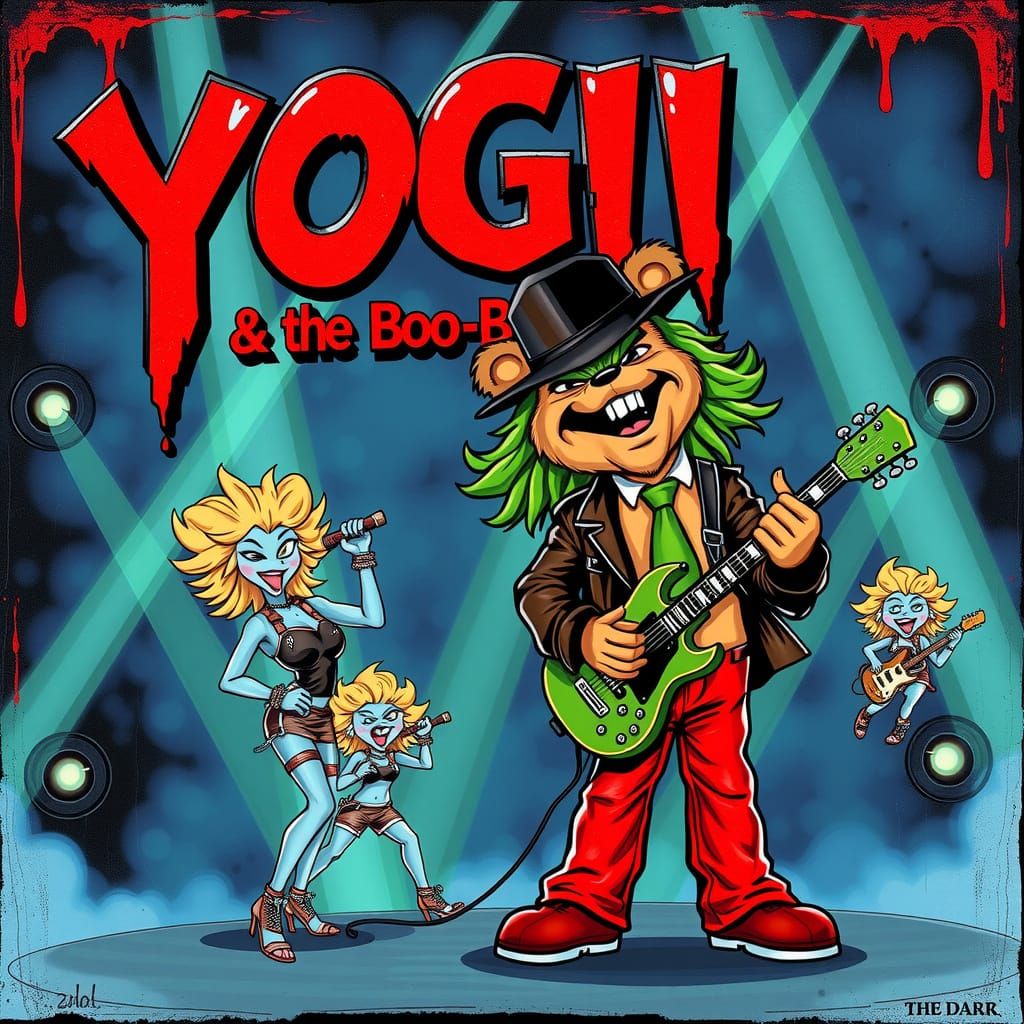 At the top of the canvas, Distressed metallic dripping horror text that says "YOGI & the Boo-Boos" in red and black rock...