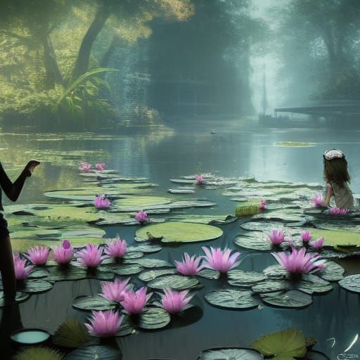 Woman Hidden Amongst Lily Pads Art
