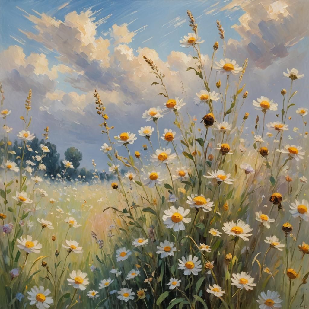 Bee in Flower Field: Impressionist Oil Painting