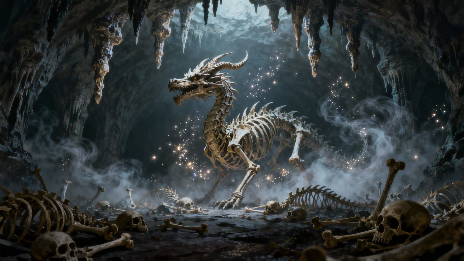 Mighty Dragon Skeleton in Ethereal Cavern