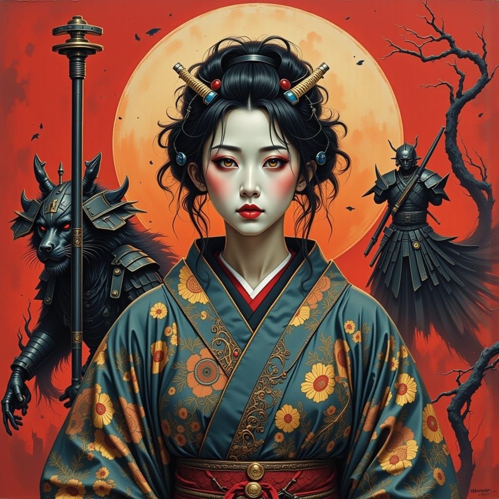 Sci-Fi Geisha and Samurai in Futuristic City