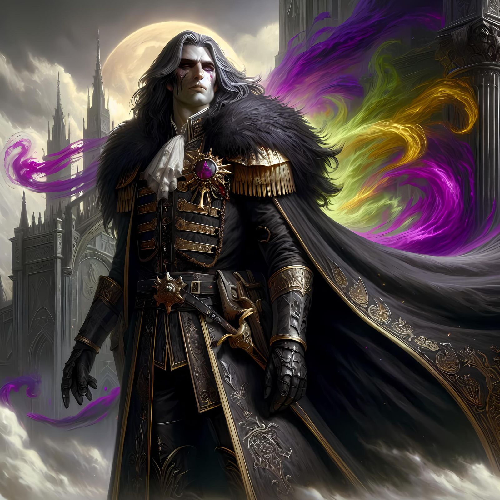 Stoic Warrior in Gothic RPG Landscape