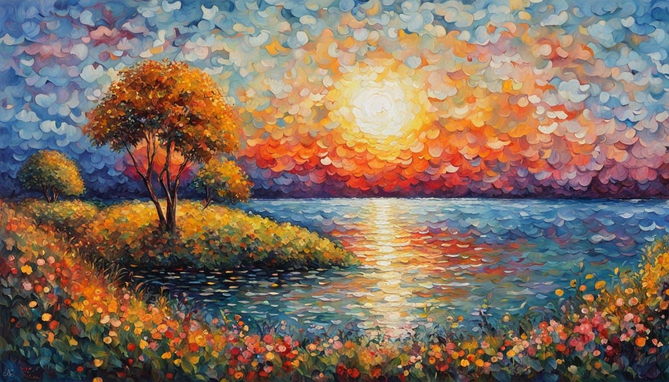 Neo-Impressionist Seascape at Sunset