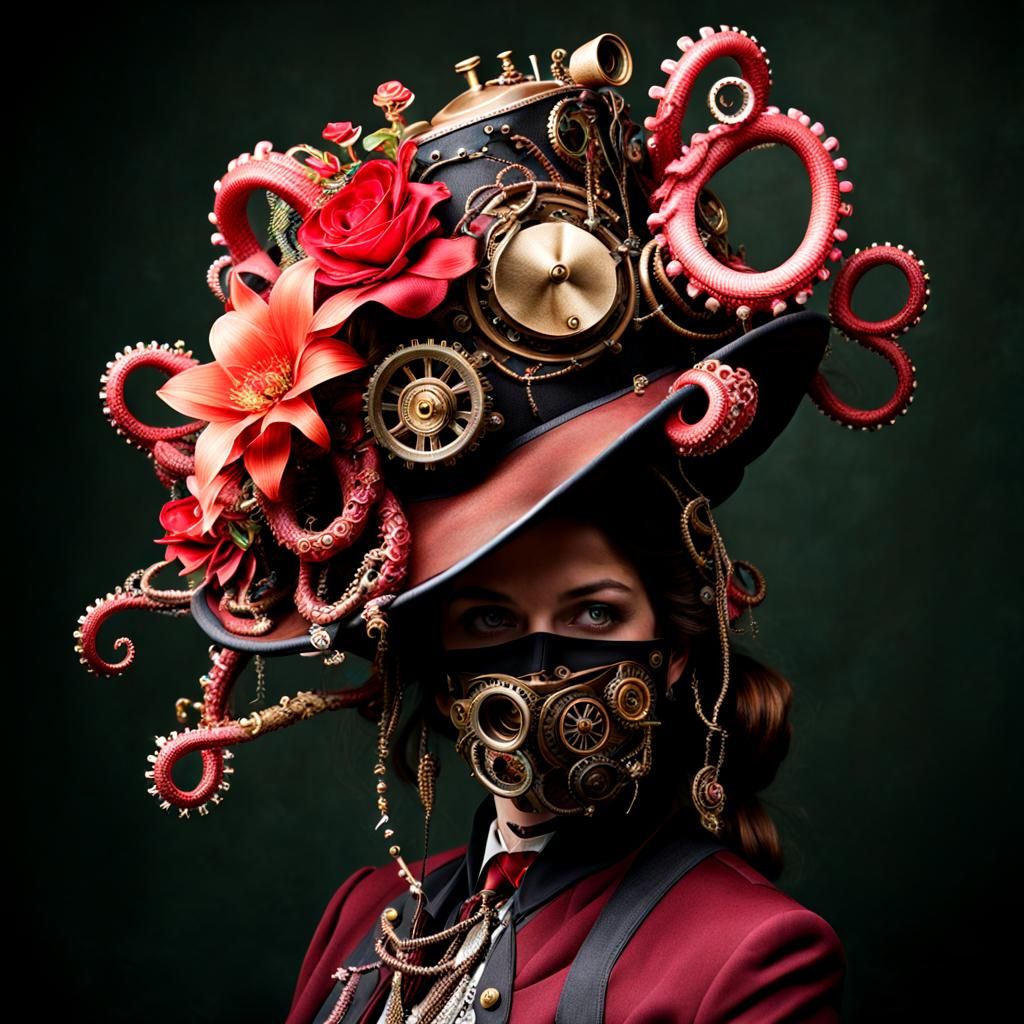 Steampunk Hat with Tentacles and Floral Accents