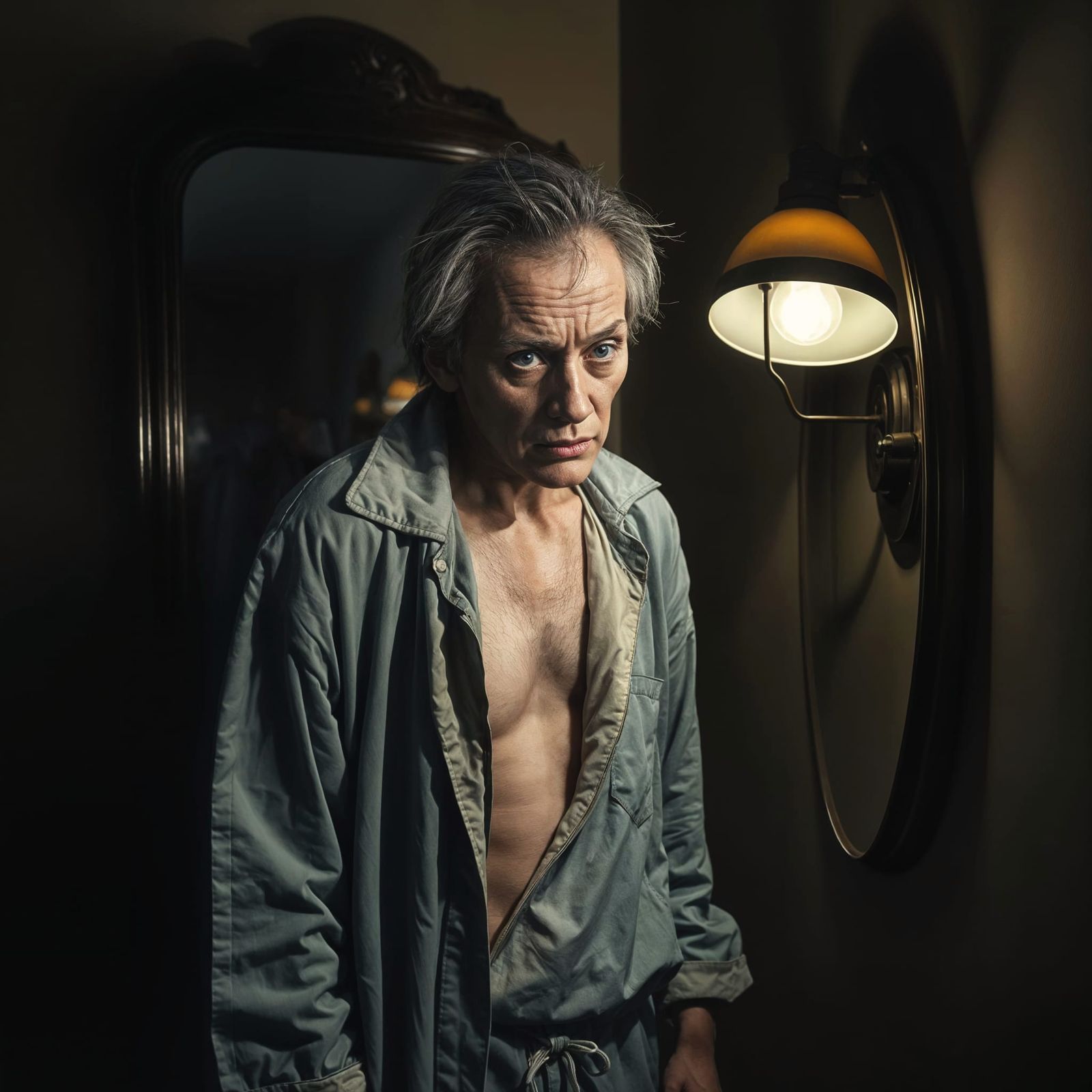 Melancholic Portrait of Man in Bedroom Mirror