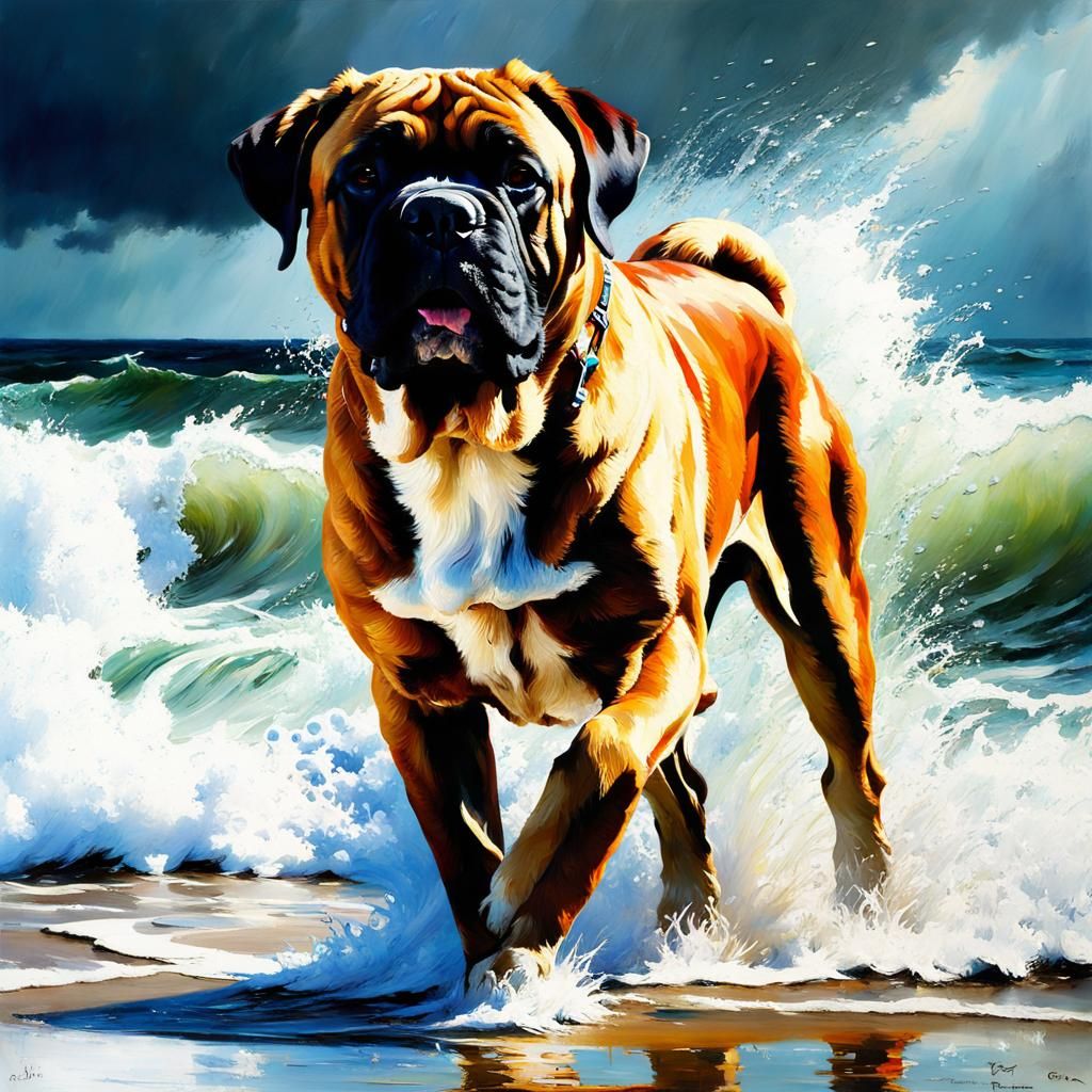 Bullmastiff at Stormy Beach in Tachisme Style
