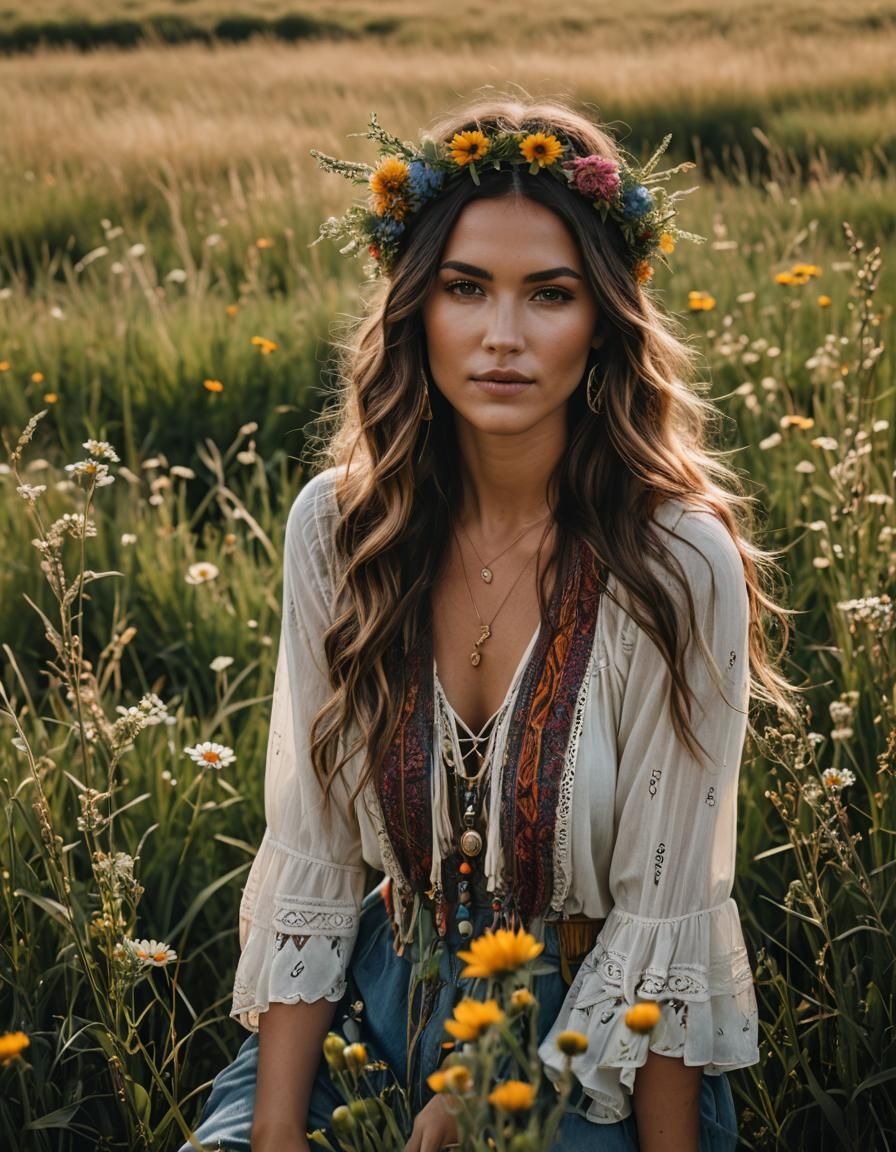 Boho Woman Portrait in Meadow at Golden Hour