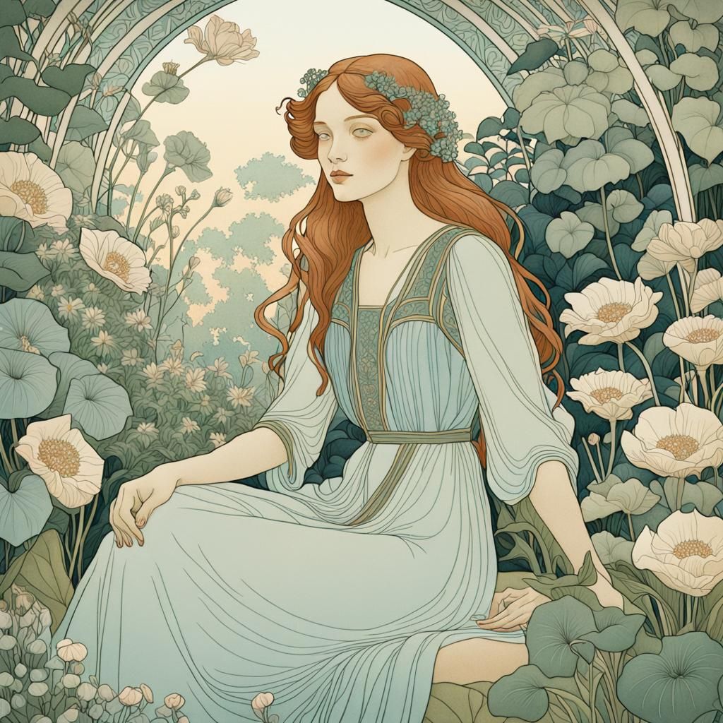 Art Nouveau Girl in Lush Garden with Soft Glow