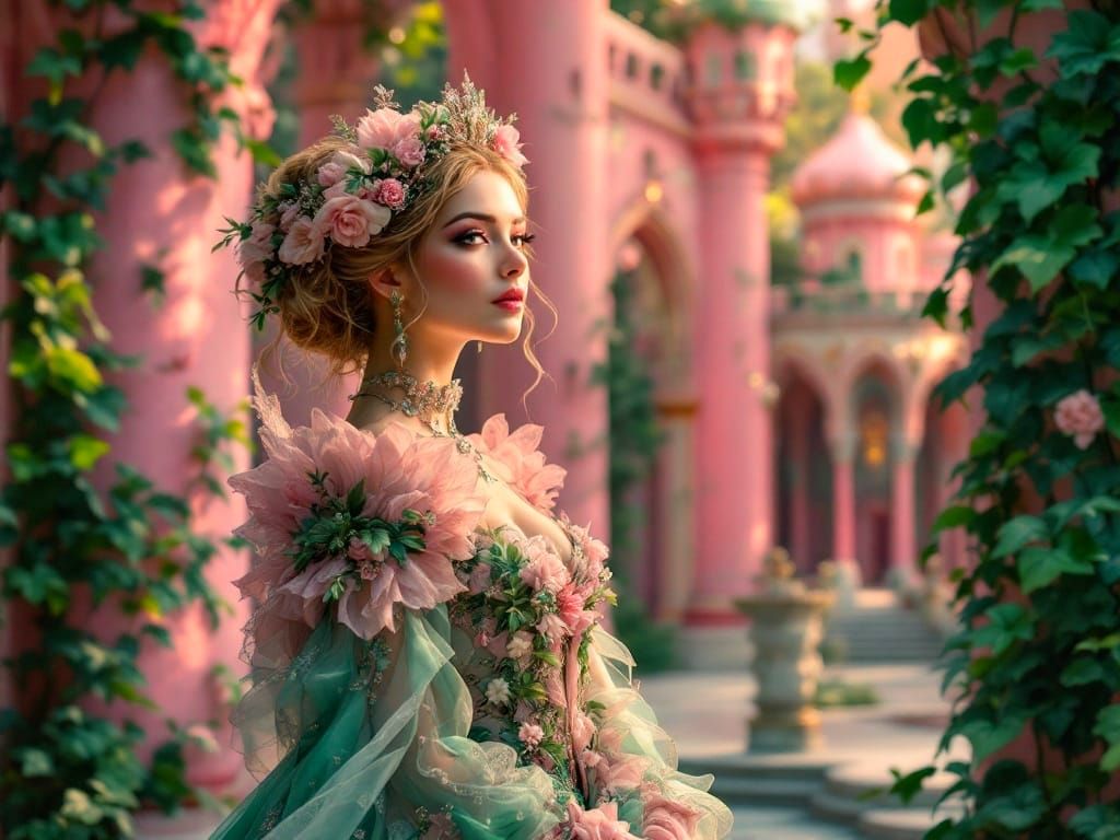 Ethereal Victorian Queen in Vibrant Pink and Green Fantasy