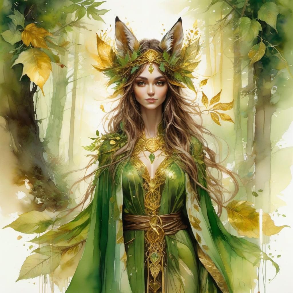 Sunlit Forest Witch with Raccoons