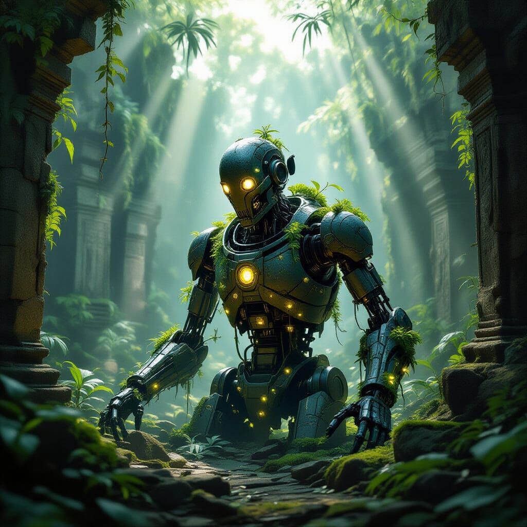 Ancient Automaton in Jungle Ruins, Dark Fantasy Concept Art