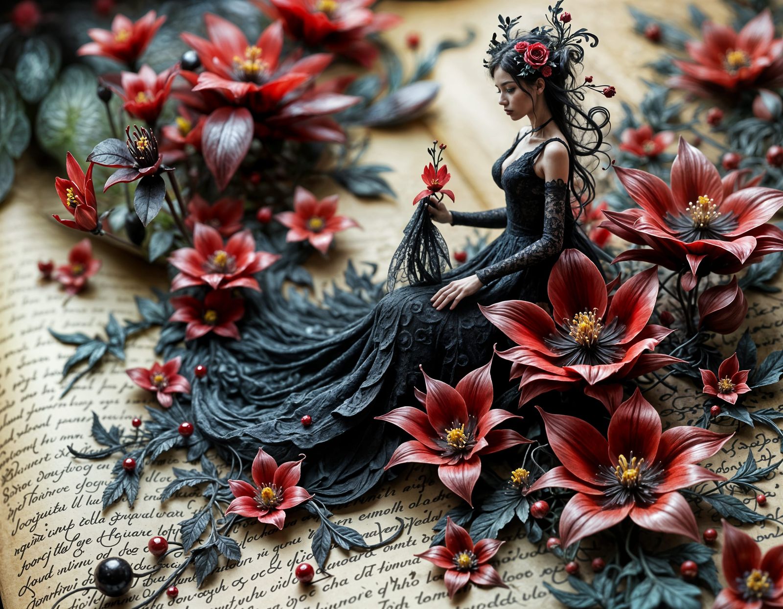 Gothic Floral Bloom in Deep Red with Yellow Accents