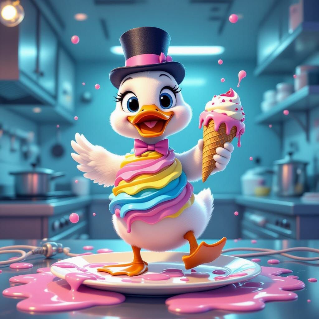 Dancing duckling crafted from ice cream melting on plate onto in kitchen, wires dissolving , surreal and creative. 3d ca...