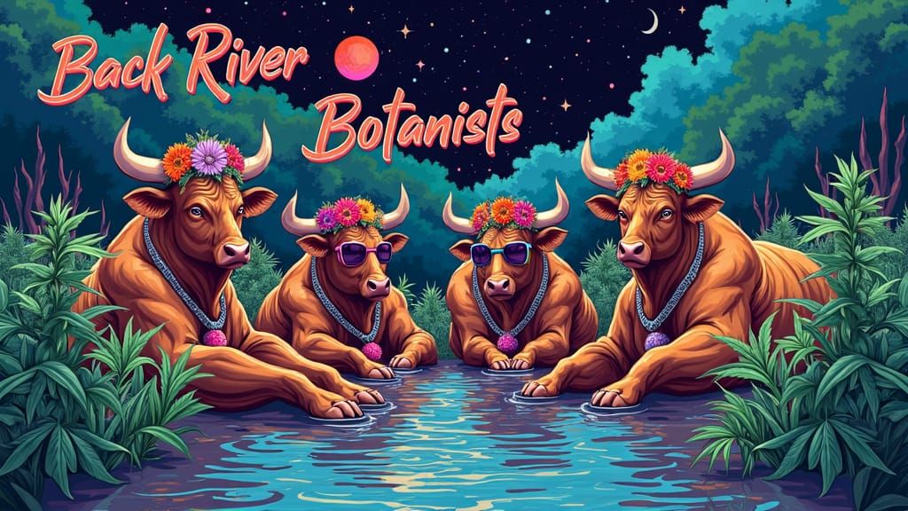 Psychedelic Bulls in Marsh with Cannabis Plants