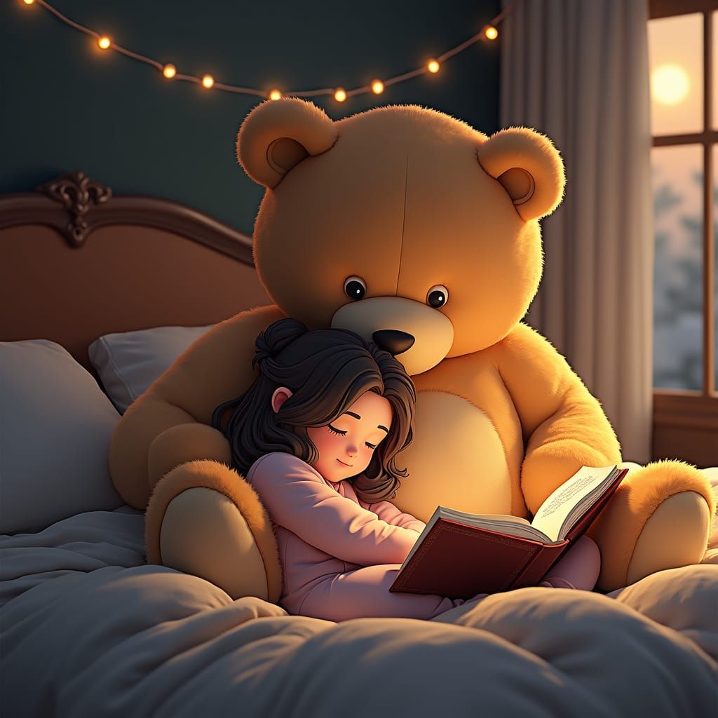 Woman and Teddy Bear Story Time in 3D Anime Style