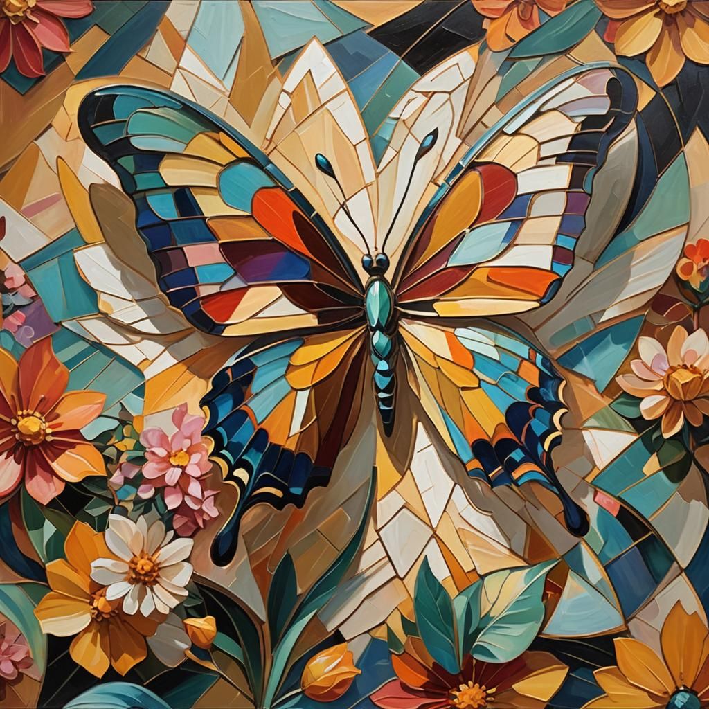 Cubist Butterfly on Geometric Flower in Fauvist Colors