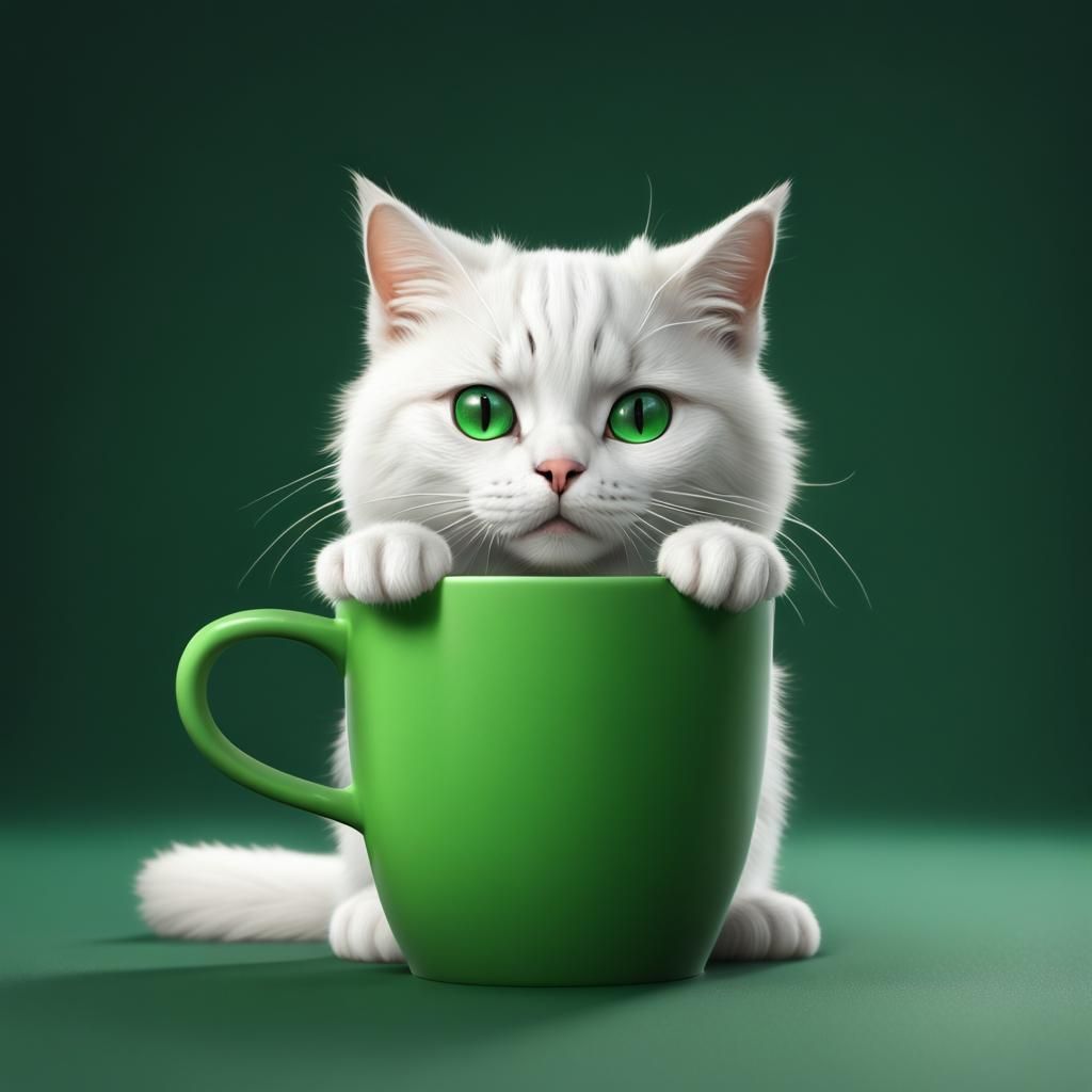 White Cat with Green Eyes in Green Cup