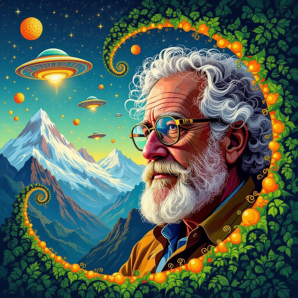 Psychedelic Portrait of Terence McKenna in Cosmic Rainforest
