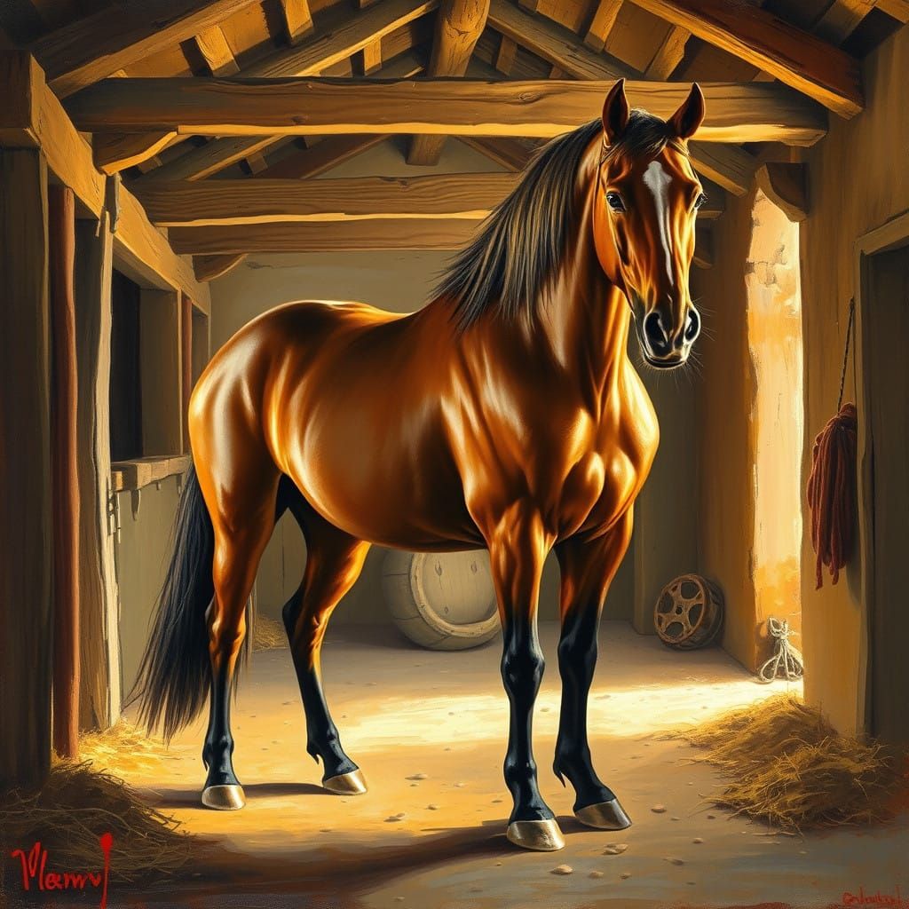 Majestic Horse in Rustic Stable with Warm Golden Light