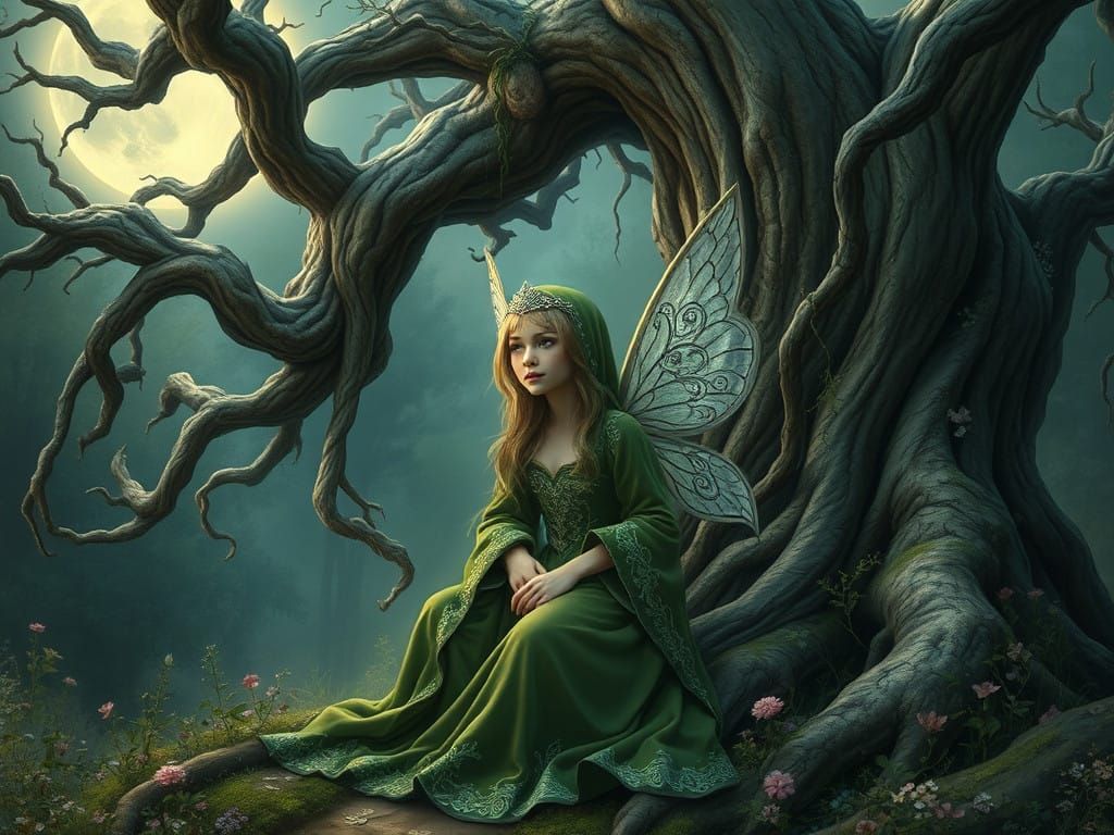 Regal Pixie Amidst Ancient Tree in Moonlit Forest