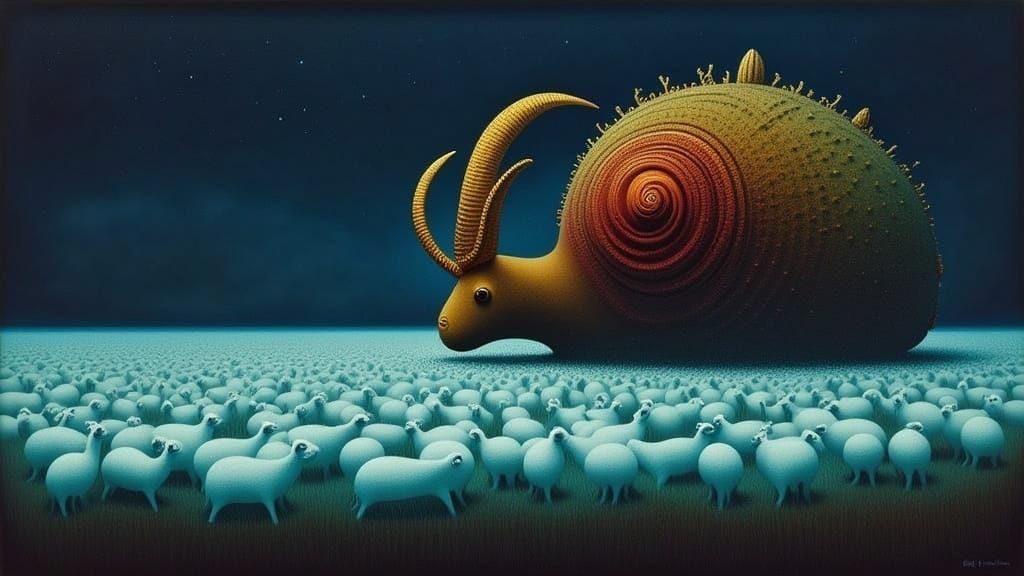 Biomechanical Kaiju-Ram Overseeing Luminescent Lambs