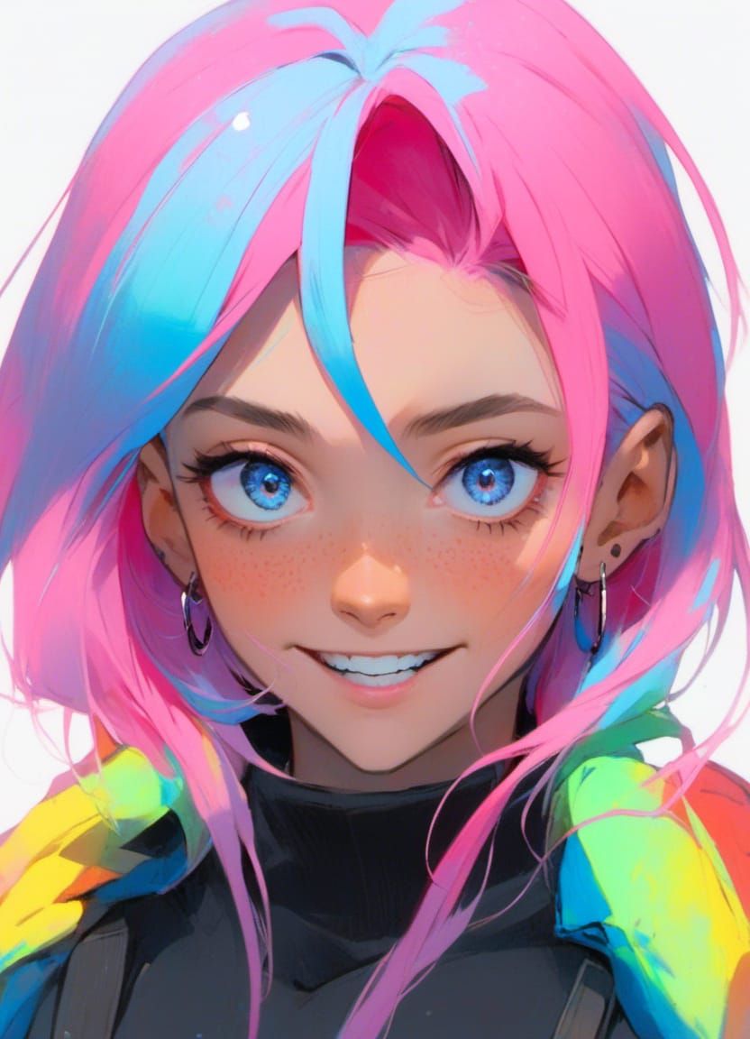 Cyberpunk Woman with Rainbow Hair in Anime Style