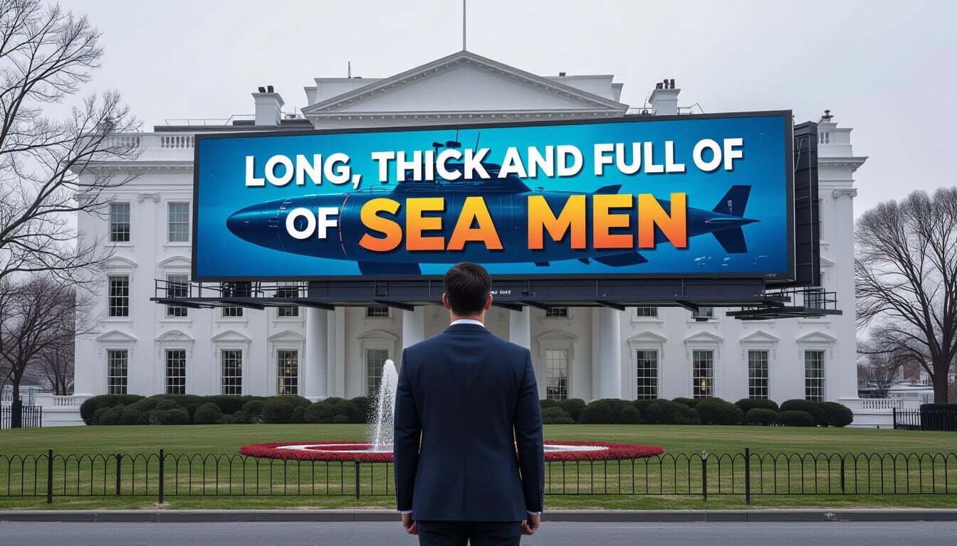 Businessman and Submarine Billboard in Dystopian Futurism