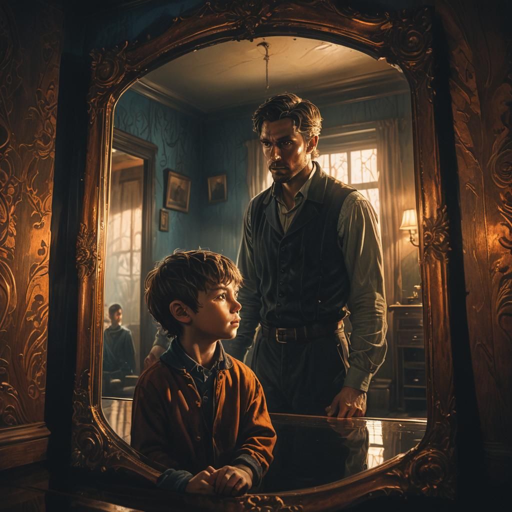 Eerie Reflection: Man and Boy in Dark Fantasy Art