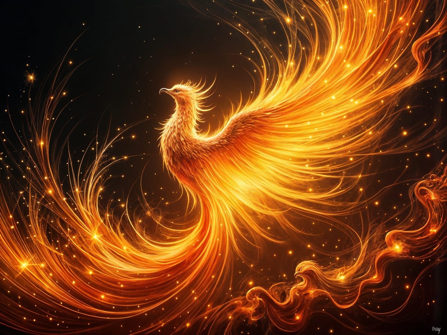 Phoenix Rising From Ashes in Dark Oil Paint Style