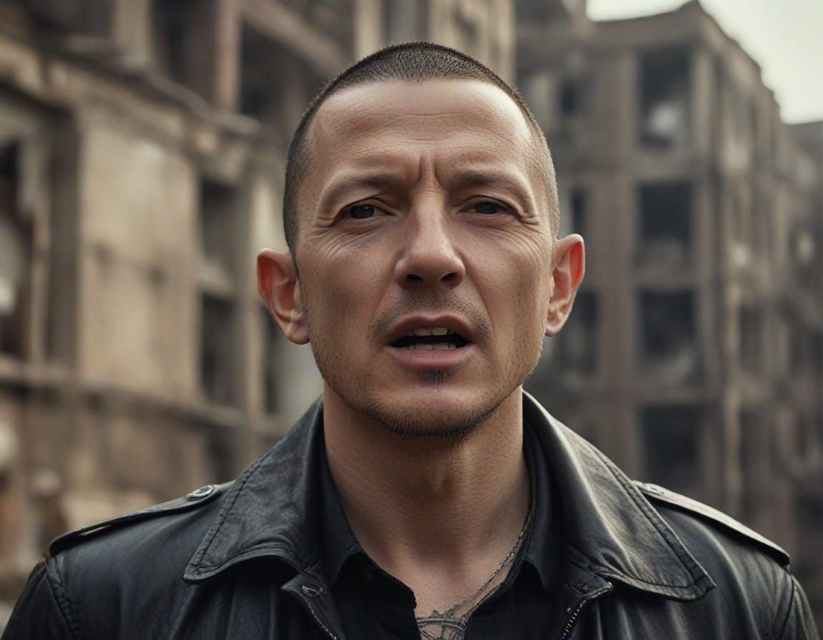 Realistic Portrait of Chester Bennington in Dystopian Citysc...