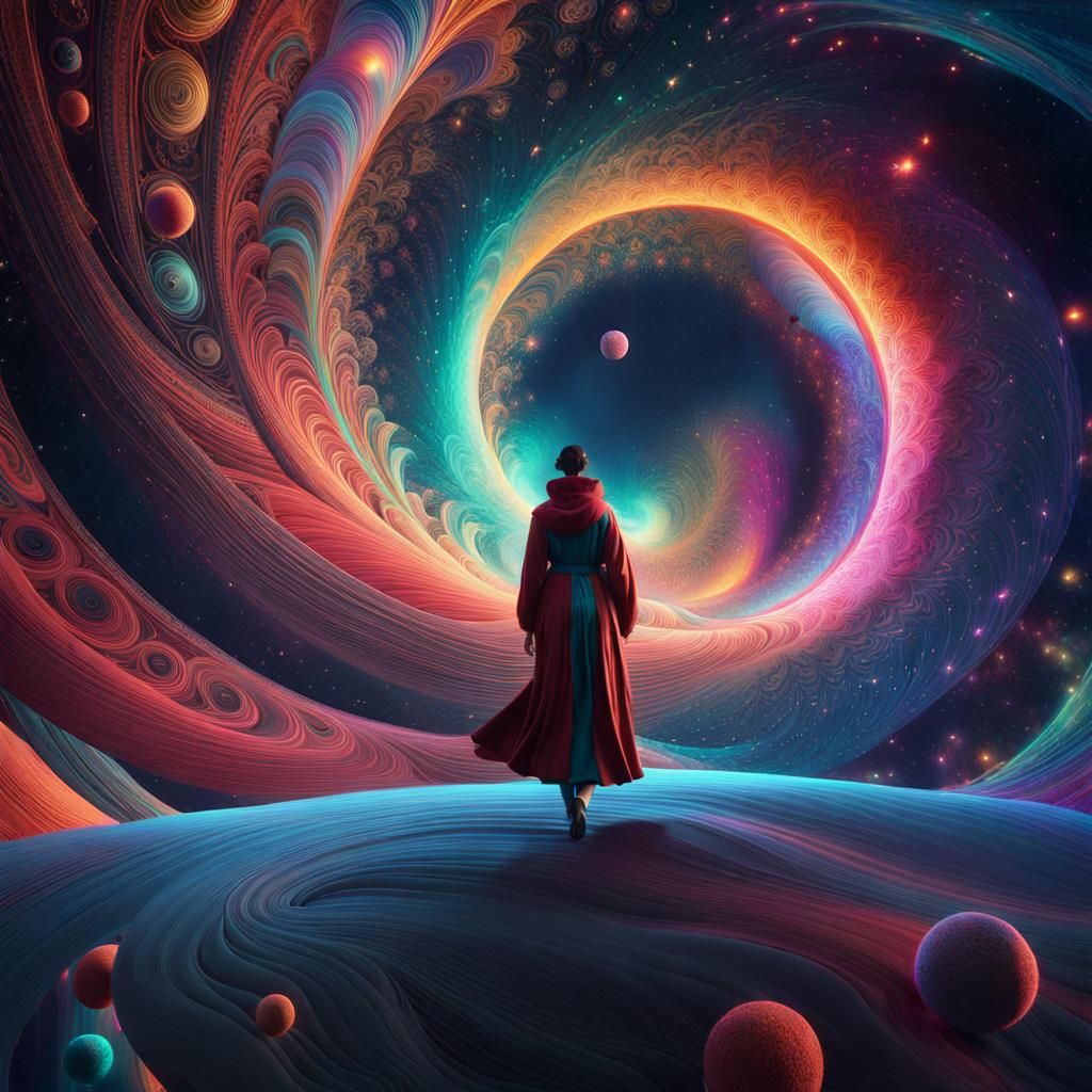 Surreal Figure Walking in Vibrant Universe