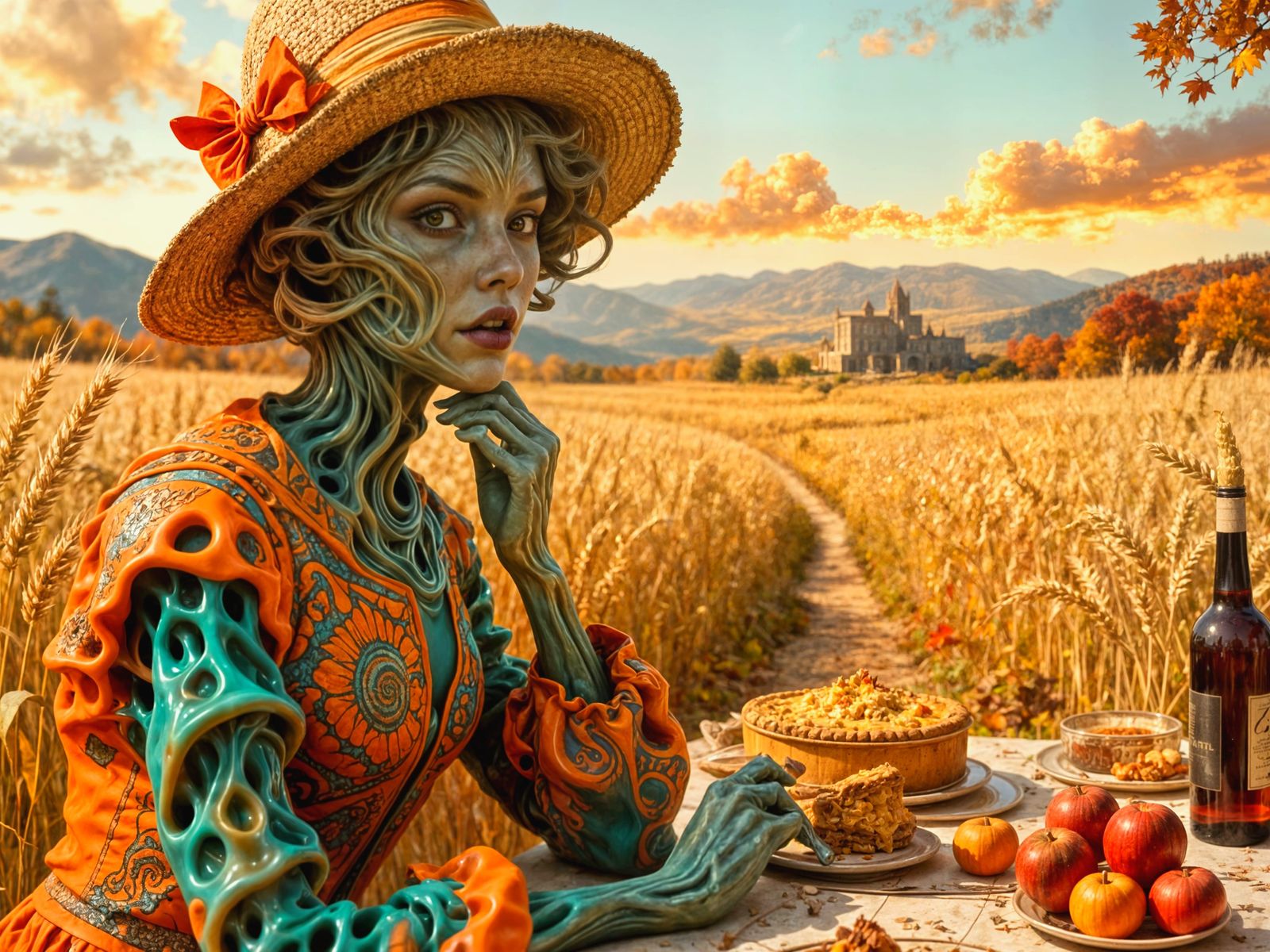 Mysterious Autumn Lady in Biomorphic Picnic Scene
