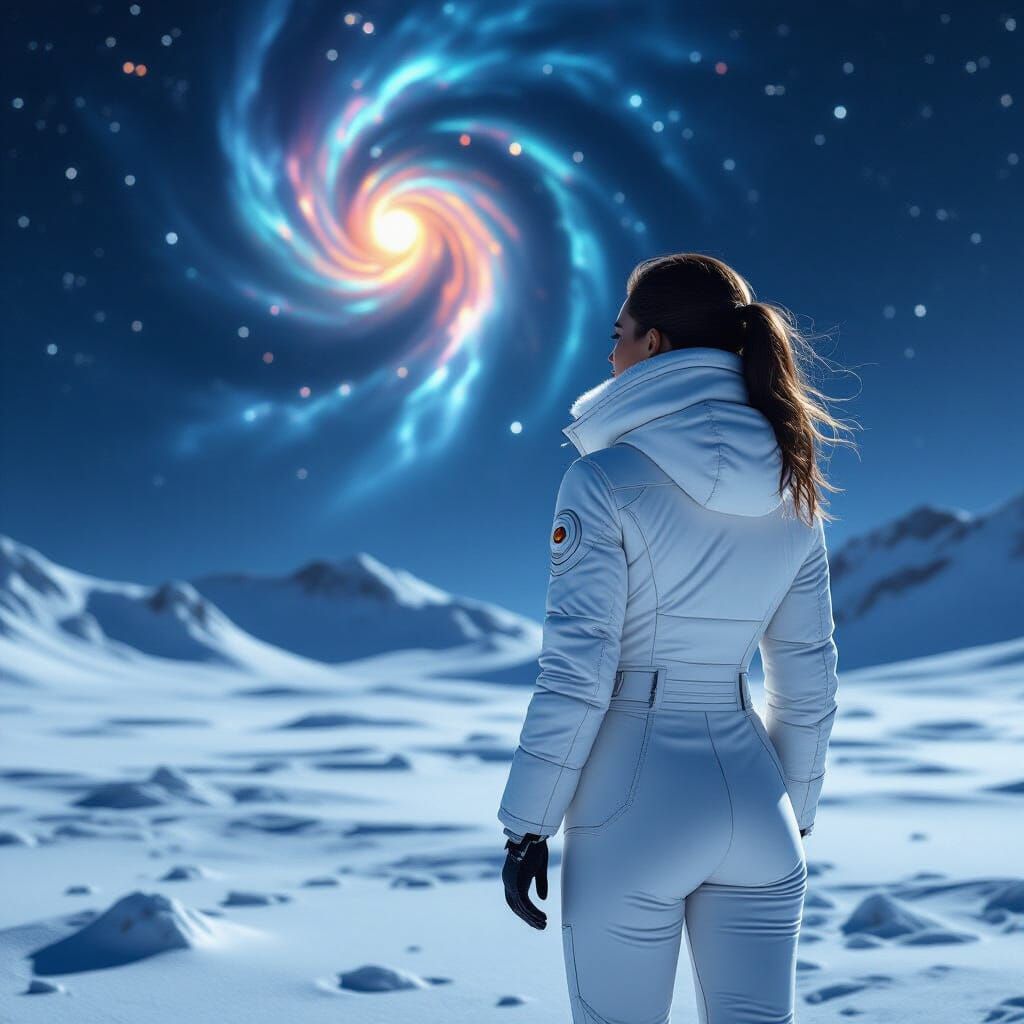 Woman in Biomechanical Suit Gazing at Nebula