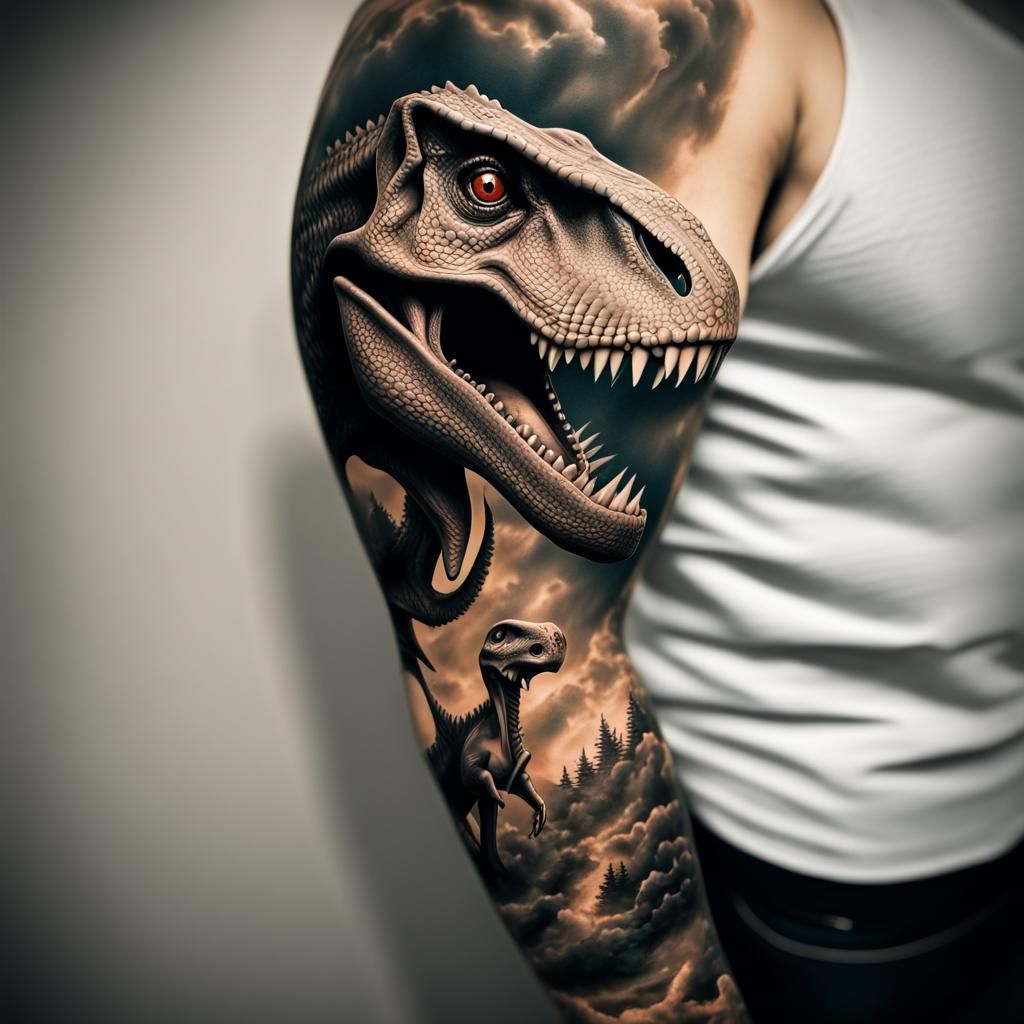Hyperrealistic Dinosaur Tattoo Arm Sleeve