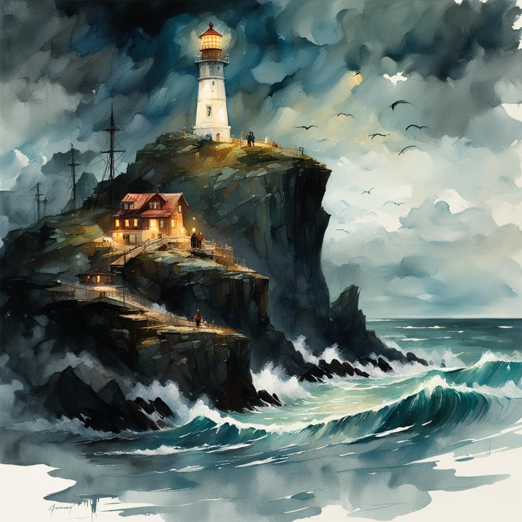 Stormy Lighthouse Illustration in Watercolor Style