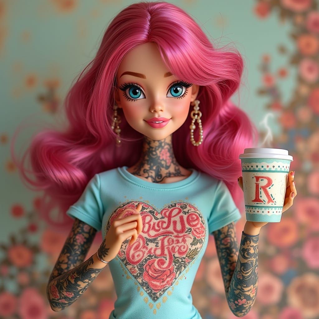 Vintage-Inspired Barbie with Dark Pink Hair and Bold Tattoos