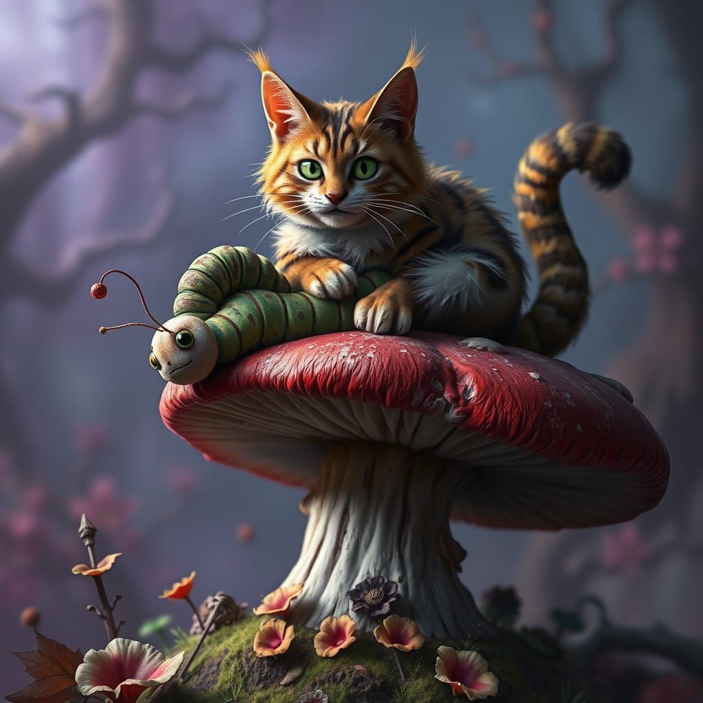 Fantastical Feline Seated atop Mushroom Throne